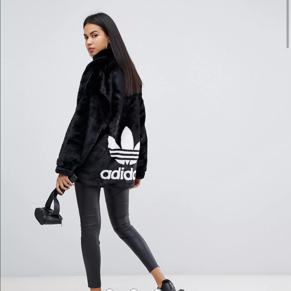 adidas Originals faux fur jacket with back trefoil logo - black